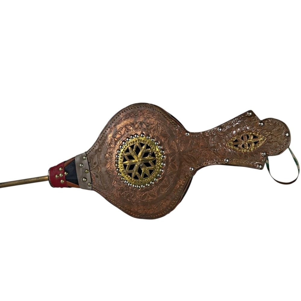 Vintage Moroccan Wodden Brass Copper Leather Embellished Fire Bellow Handcrafted